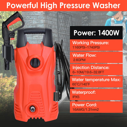 1Pc Electric High Pressure Washer 1740PSI  Powerful Car Washer Pressure Cleaner With Adjustable Spray Nozzle Soap Dispenser IPX5 Waterproof For Patio Garden Driveway